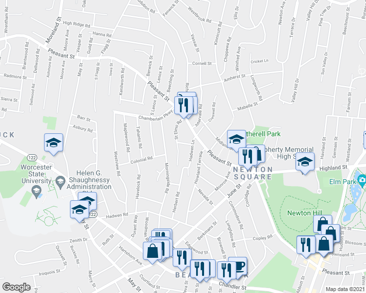 map of restaurants, bars, coffee shops, grocery stores, and more near 26 Saint Elmo Road in Worcester