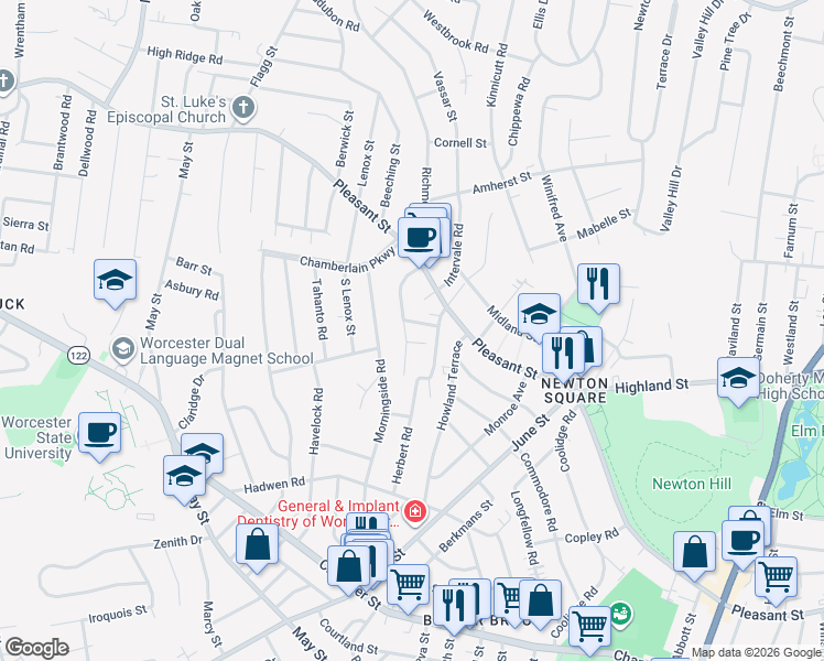 map of restaurants, bars, coffee shops, grocery stores, and more near 26 Saint Elmo Road in Worcester