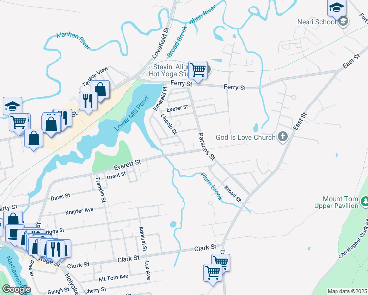 map of restaurants, bars, coffee shops, grocery stores, and more near 157 Everett Street in Easthampton
