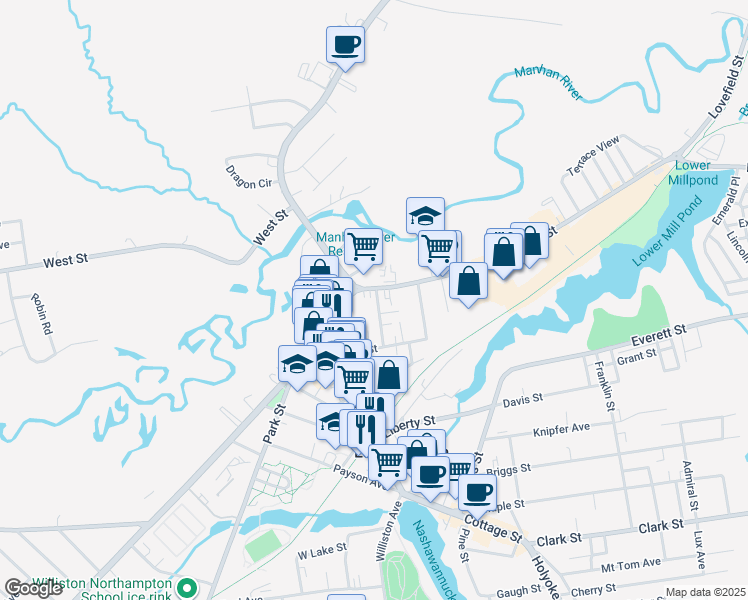 map of restaurants, bars, coffee shops, grocery stores, and more near 8 Summer Street in Easthampton