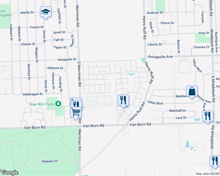 map of restaurants, bars, coffee shops, grocery stores, and more near 306 Carmel Street in Westland