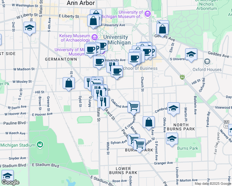map of restaurants, bars, coffee shops, grocery stores, and more near in Ann Arbor