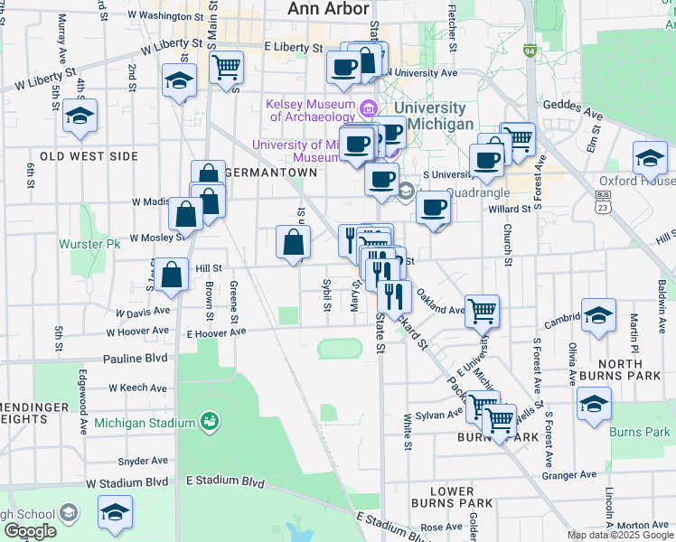 map of restaurants, bars, coffee shops, grocery stores, and more near in Ann Arbor