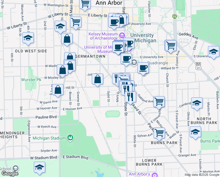 map of restaurants, bars, coffee shops, grocery stores, and more near 424 Hill Street in Ann Arbor