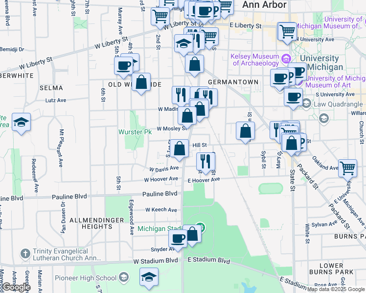 map of restaurants, bars, coffee shops, grocery stores, and more near 801 South Main Street in Ann Arbor