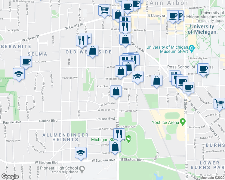 map of restaurants, bars, coffee shops, grocery stores, and more near 815 South 1st Street in Ann Arbor
