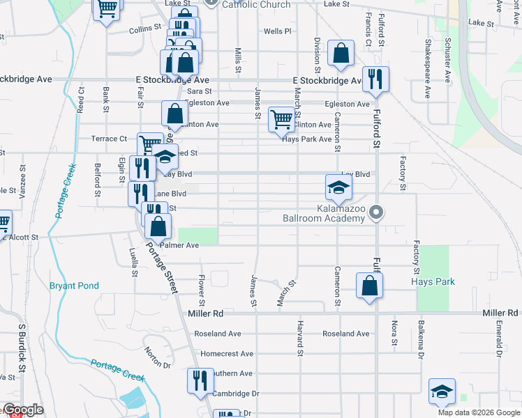 map of restaurants, bars, coffee shops, grocery stores, and more near 1215 Bryant Street in Kalamazoo
