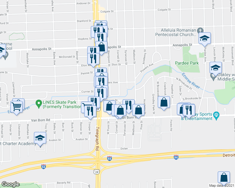map of restaurants, bars, coffee shops, grocery stores, and more near 5376 Cornell Street in Dearborn Heights