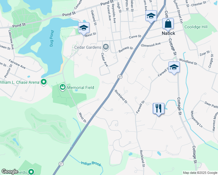map of restaurants, bars, coffee shops, grocery stores, and more near 175 South Main Street in Natick