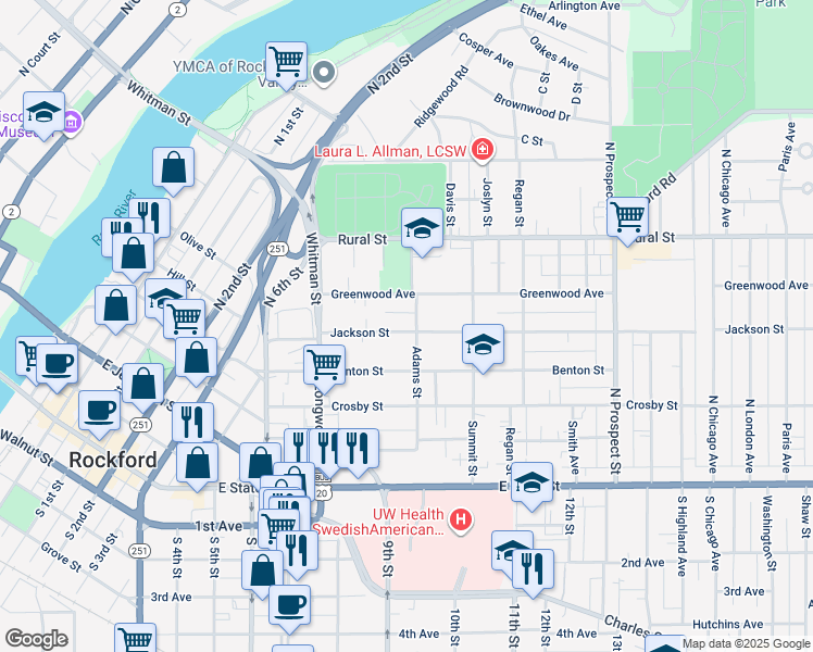 map of restaurants, bars, coffee shops, grocery stores, and more near 1244 Jackson Street in Rockford