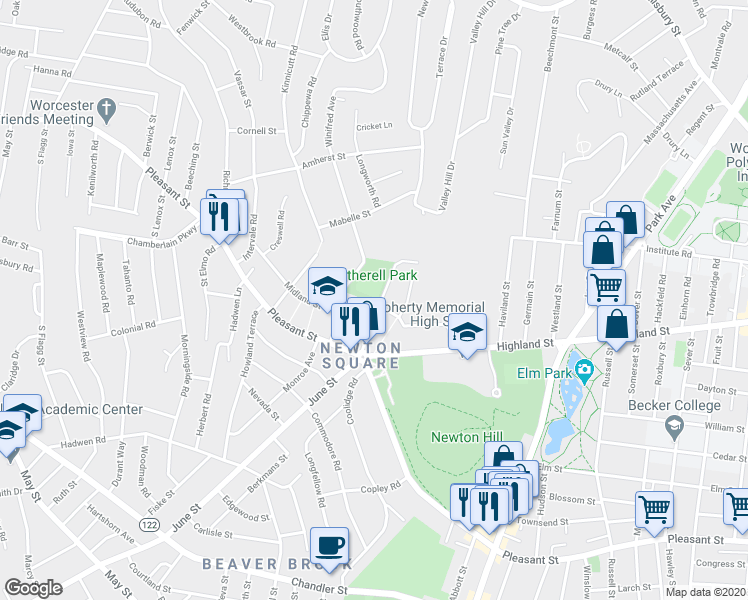 map of restaurants, bars, coffee shops, grocery stores, and more near 19 Newton Avenue in Worcester