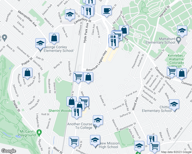 map of restaurants, bars, coffee shops, grocery stores, and more near 119 Bradlee Street in Boston