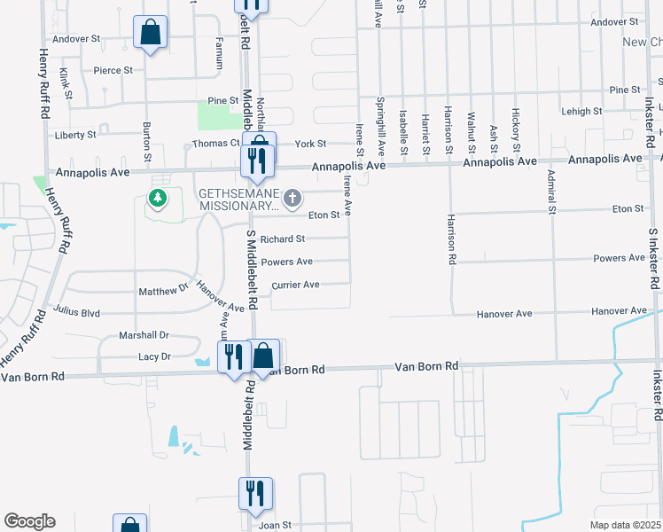 map of restaurants, bars, coffee shops, grocery stores, and more near 28951 Powers Street in Westland