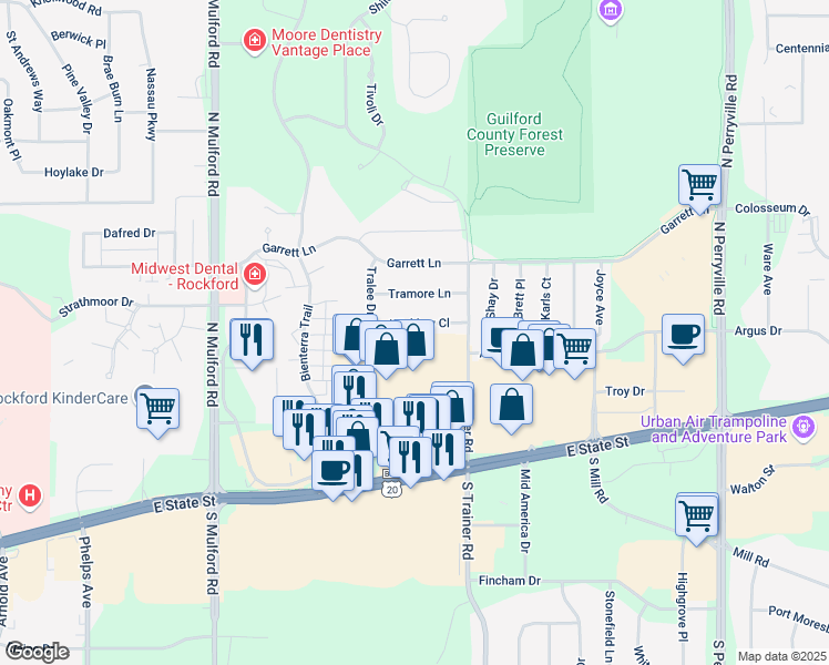 map of restaurants, bars, coffee shops, grocery stores, and more near 6395 Wicklow Close in Rockford