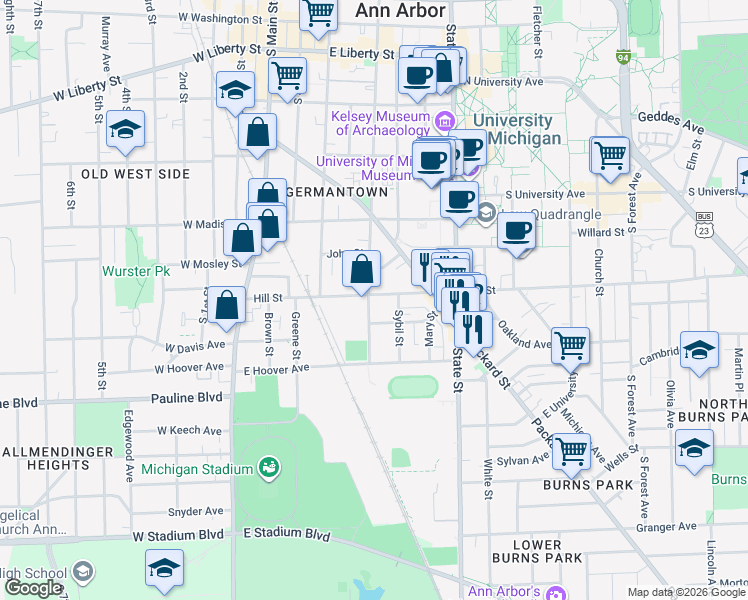 map of restaurants, bars, coffee shops, grocery stores, and more near 402 Hill Street in Ann Arbor