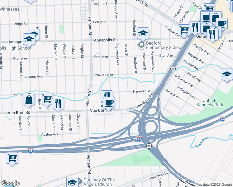 map of restaurants, bars, coffee shops, grocery stores, and more near 5602 Edgewood Street in Dearborn Heights