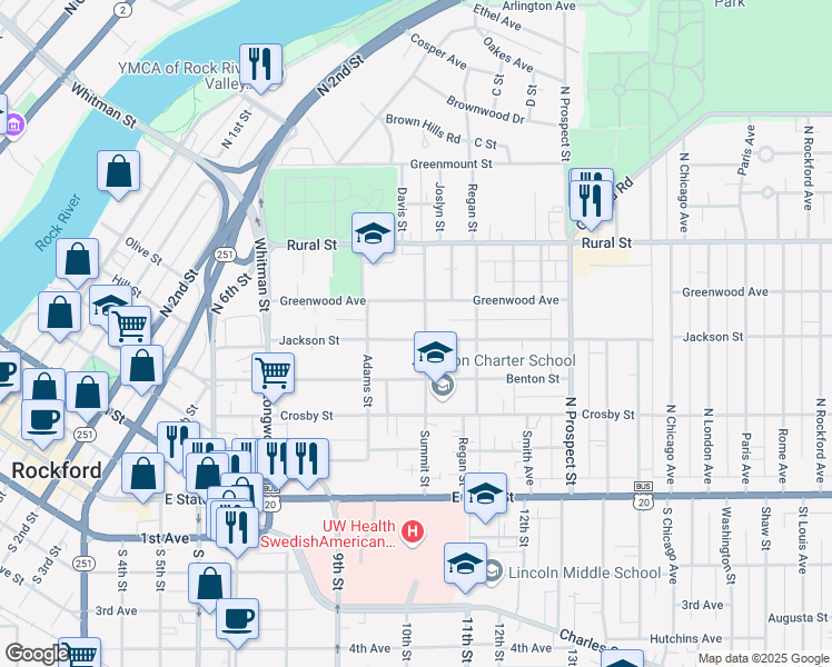 map of restaurants, bars, coffee shops, grocery stores, and more near 1342 Jackson Street in Rockford