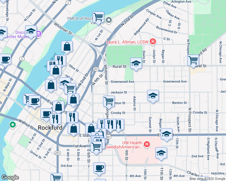 map of restaurants, bars, coffee shops, grocery stores, and more near 1118 Jackson Street in Rockford