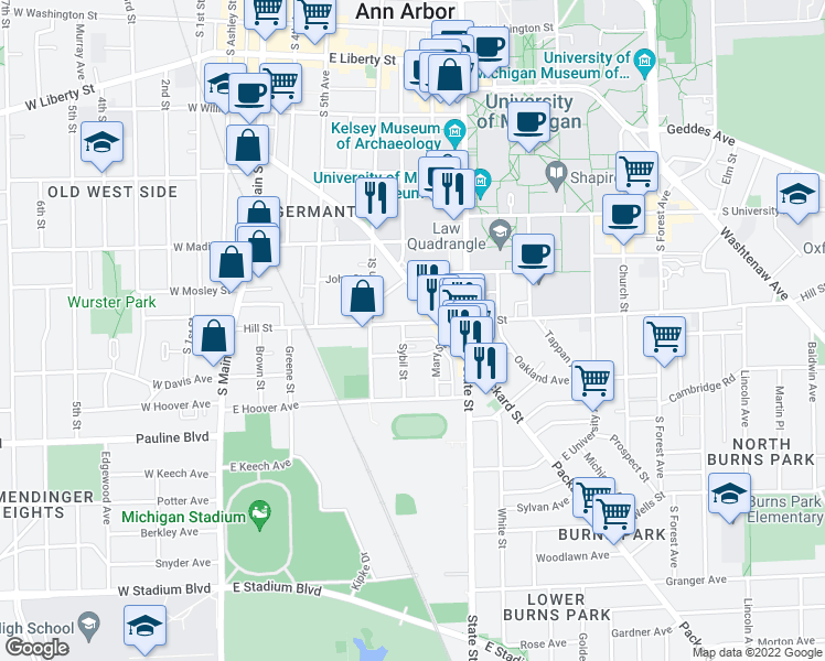 map of restaurants, bars, coffee shops, grocery stores, and more near 512 Hill Street in Ann Arbor