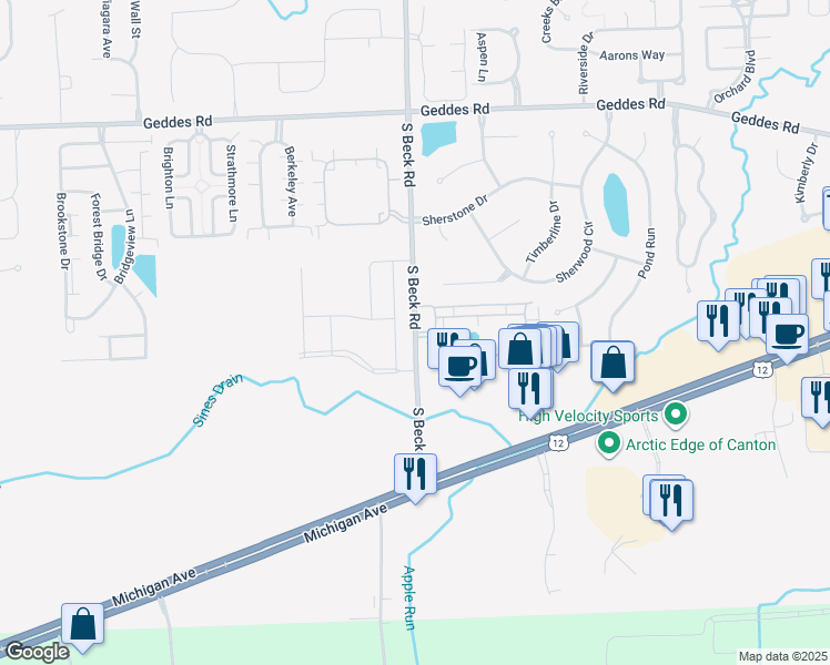 map of restaurants, bars, coffee shops, grocery stores, and more near 5044 Beck Road South in Wayne County