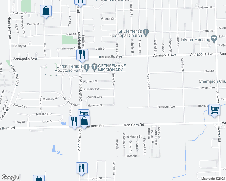 map of restaurants, bars, coffee shops, grocery stores, and more near 28911 Powers Street in Westland