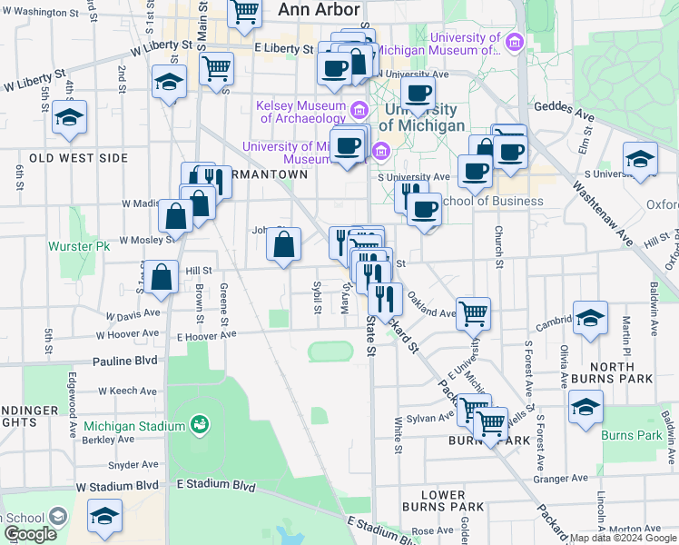 map of restaurants, bars, coffee shops, grocery stores, and more near 530 Hill Street in Ann Arbor