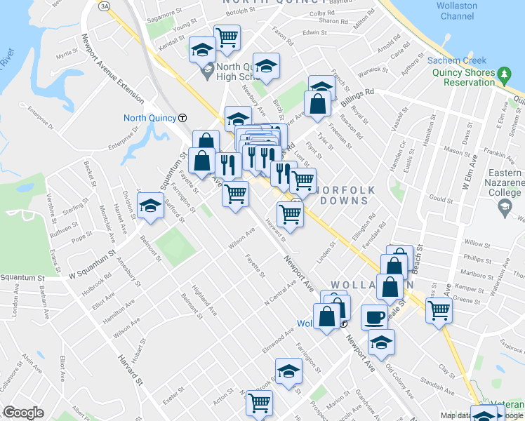 map of restaurants, bars, coffee shops, grocery stores, and more near 117-119 Holmes Street in Quincy