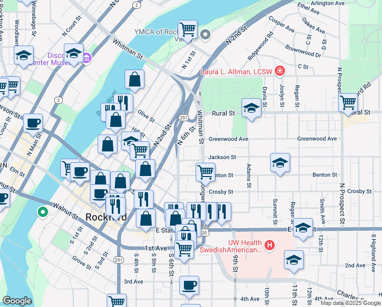 map of restaurants, bars, coffee shops, grocery stores, and more near 1000 Chamberlain Street in Rockford