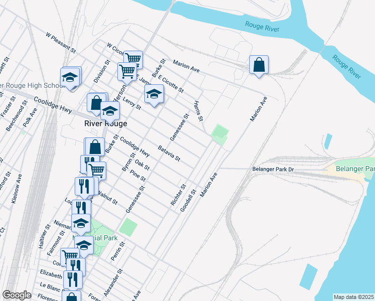 map of restaurants, bars, coffee shops, grocery stores, and more near in River Rouge