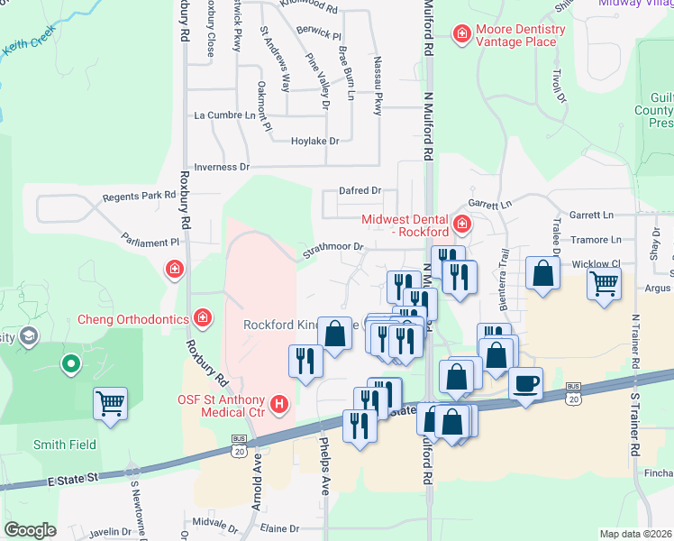 map of restaurants, bars, coffee shops, grocery stores, and more near 404 Gramercy Drive in Rockford