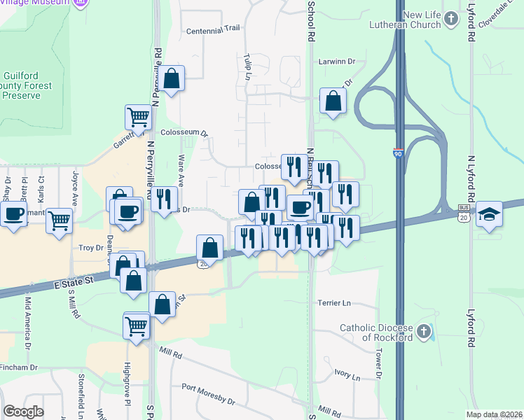 map of restaurants, bars, coffee shops, grocery stores, and more near 7290 Argus Drive in Rockford