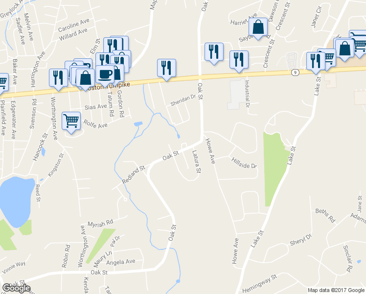 map of restaurants, bars, coffee shops, grocery stores, and more near 216 Oak Street in Shrewsbury