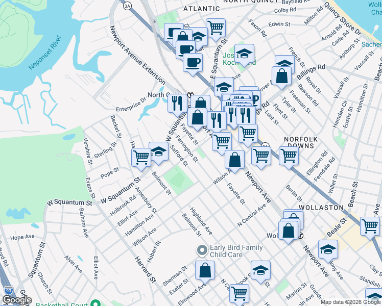 map of restaurants, bars, coffee shops, grocery stores, and more near 44 Farrington Street in Quincy