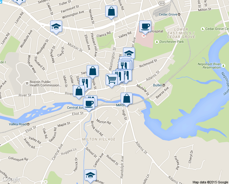 map of restaurants, bars, coffee shops, grocery stores, and more near 428 River Street in Boston