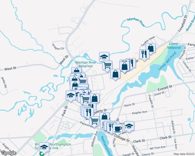 map of restaurants, bars, coffee shops, grocery stores, and more near 16-18 Pleasant Street in Easthampton