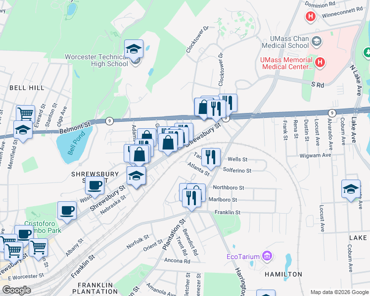 map of restaurants, bars, coffee shops, grocery stores, and more near 421 Shrewsbury Street in Worcester