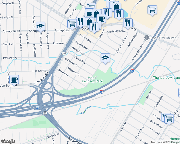 map of restaurants, bars, coffee shops, grocery stores, and more near 17050 O Connor Avenue in Allen Park