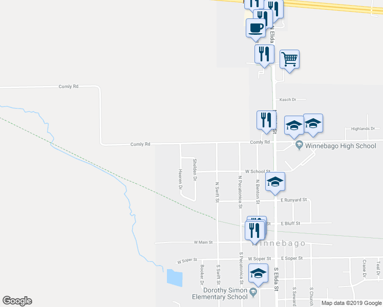 map of restaurants, bars, coffee shops, grocery stores, and more near 413 Shelden Drive in Winnebago