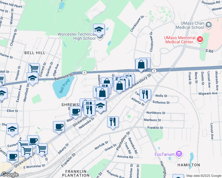 map of restaurants, bars, coffee shops, grocery stores, and more near 3 Imperial Place in Worcester