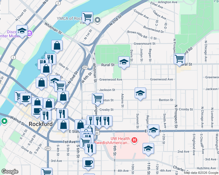 map of restaurants, bars, coffee shops, grocery stores, and more near 1208 Jackson Street in Rockford