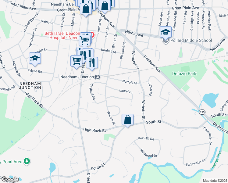 map of restaurants, bars, coffee shops, grocery stores, and more near 27 Laurel Drive in Needham