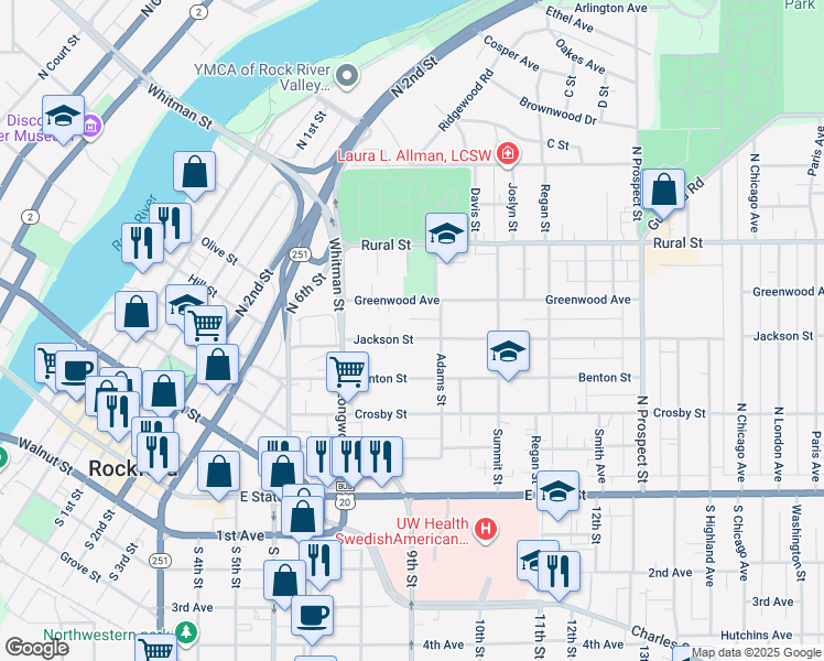 map of restaurants, bars, coffee shops, grocery stores, and more near 1222 Jackson Street in Rockford