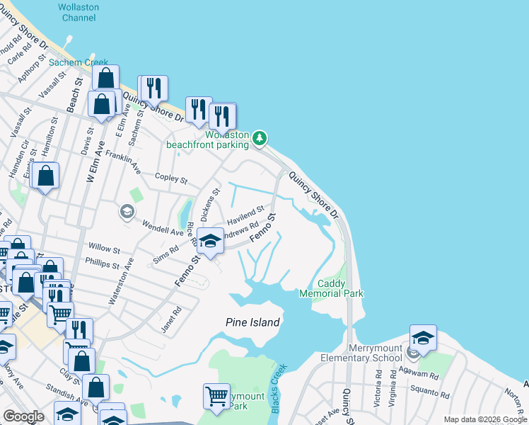 map of restaurants, bars, coffee shops, grocery stores, and more near 70 Andrews Road in Quincy