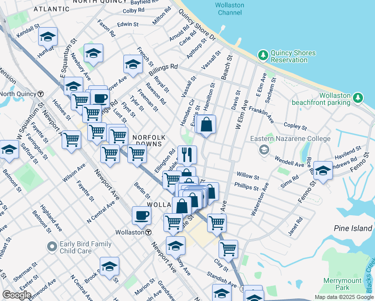 map of restaurants, bars, coffee shops, grocery stores, and more near 60 Ferndale Road in Quincy