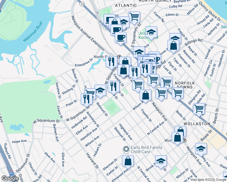 map of restaurants, bars, coffee shops, grocery stores, and more near 25 Safford Street in Quincy