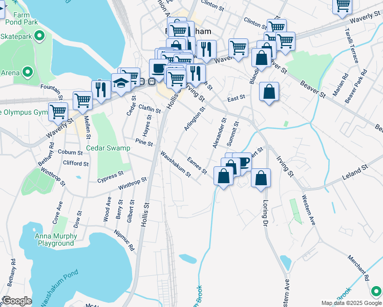map of restaurants, bars, coffee shops, grocery stores, and more near 19 Eames Street in Framingham