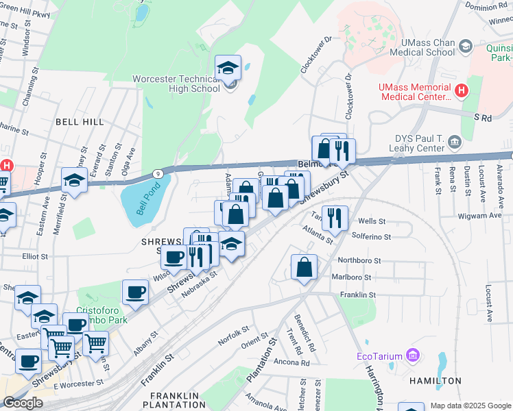 map of restaurants, bars, coffee shops, grocery stores, and more near 3 Imperial Place in Worcester