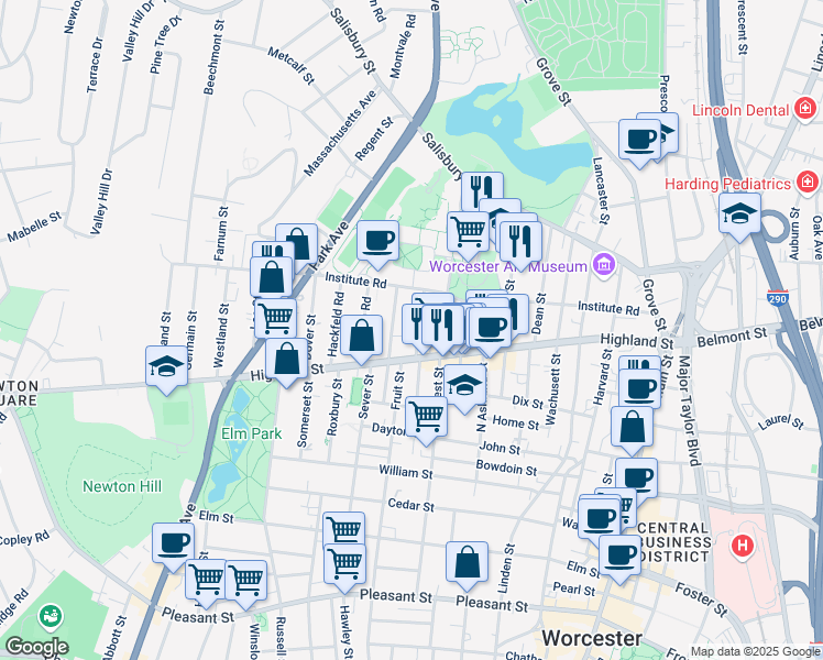 map of restaurants, bars, coffee shops, grocery stores, and more near 5 Schussler Road in Worcester