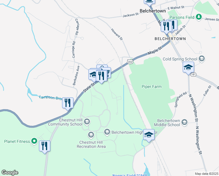 map of restaurants, bars, coffee shops, grocery stores, and more near 2-10 Stadler Street in Belchertown
