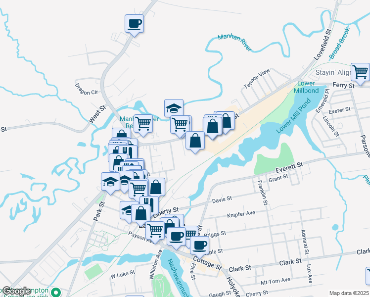 map of restaurants, bars, coffee shops, grocery stores, and more near 14 Hill Avenue in Easthampton